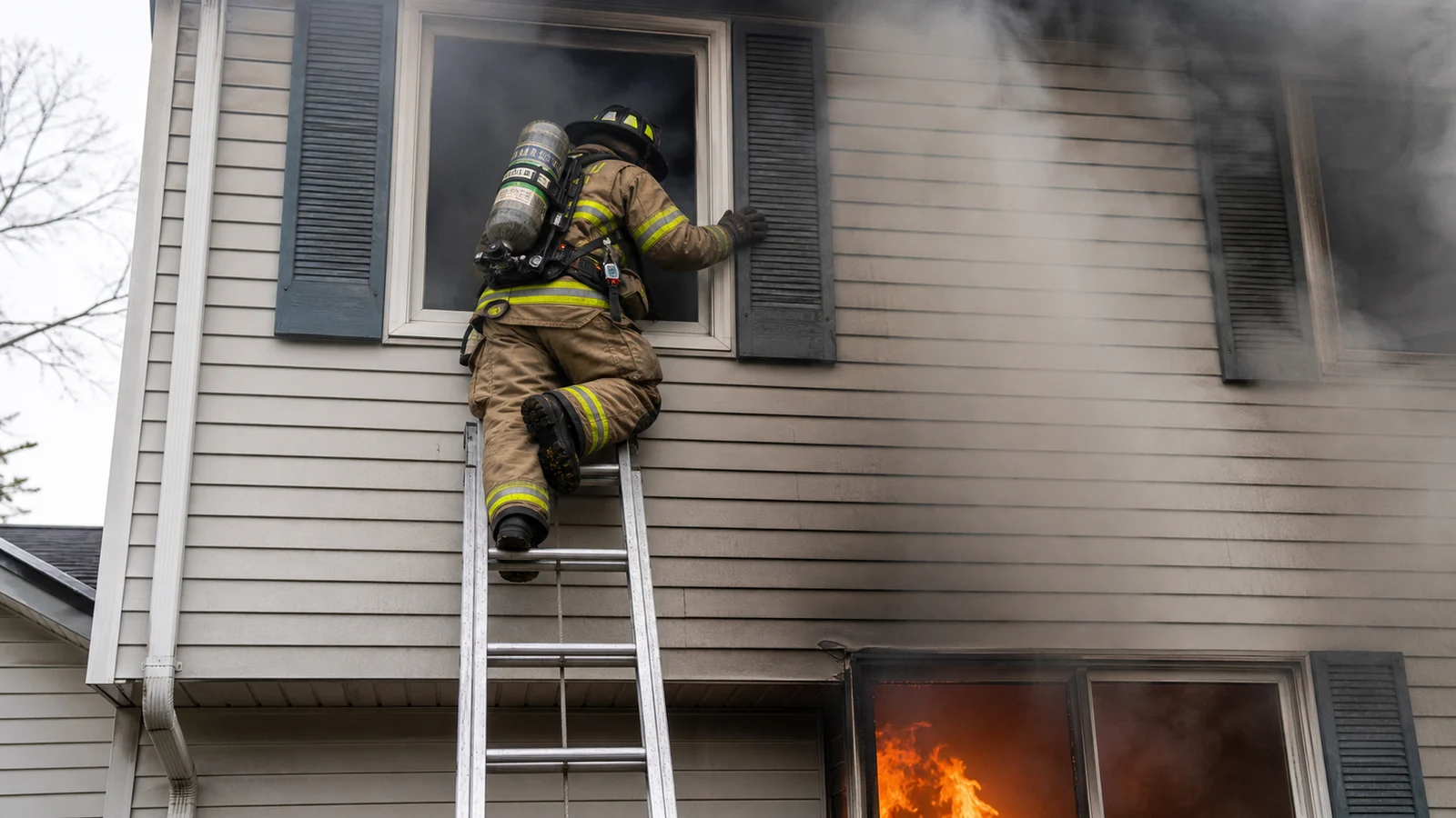 Photorealistic photo of a firefighter in full structural turnout gear and SCBA performing a VEIS entry through a second-floor bedroom window on a ground ladder &mdash; the firefighter straddling the window sill preparing to enter the smoke-filled room, one hand on the window frame for balance, the ground ladder visible below, smoke pushing from around the window frame, fire visible in a lower floor window below, realistic documentary fire service photography, dramatic exterior scene