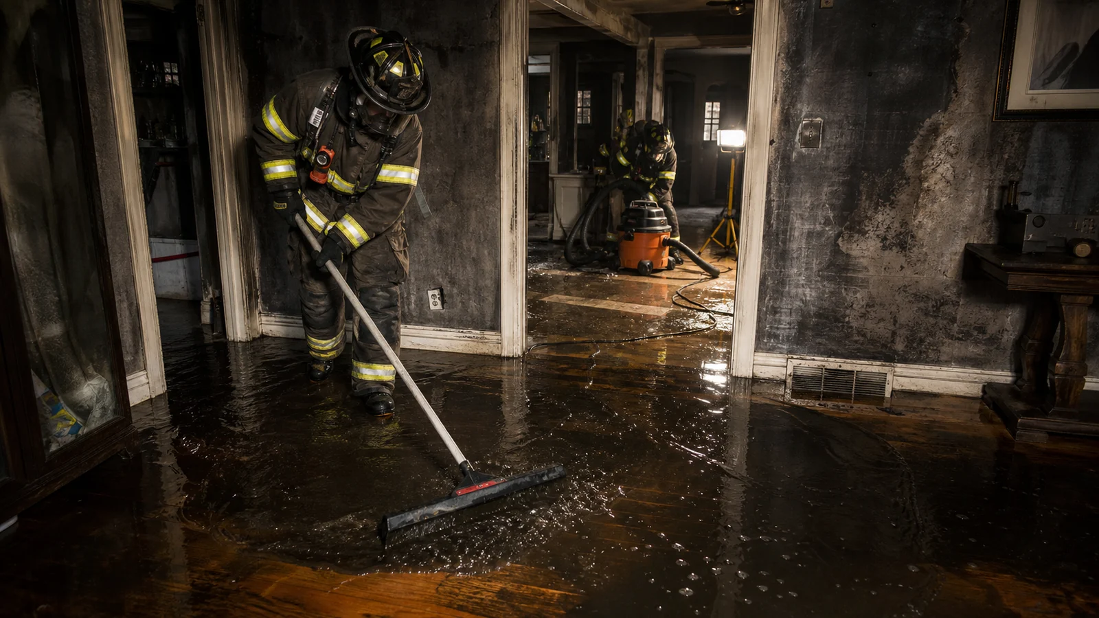 Photorealistic photo of a firefighter in turnout gear using a large floor squeegee to push standing suppression water across hardwood flooring toward a doorway in a fire-damaged residential home &mdash; several inches of dark water on the floor, smoke damage visible on walls, a wet-dry vacuum visible in the background being operated by another firefighter, portable scene lighting illuminating the interior, realistic documentary fire service photography