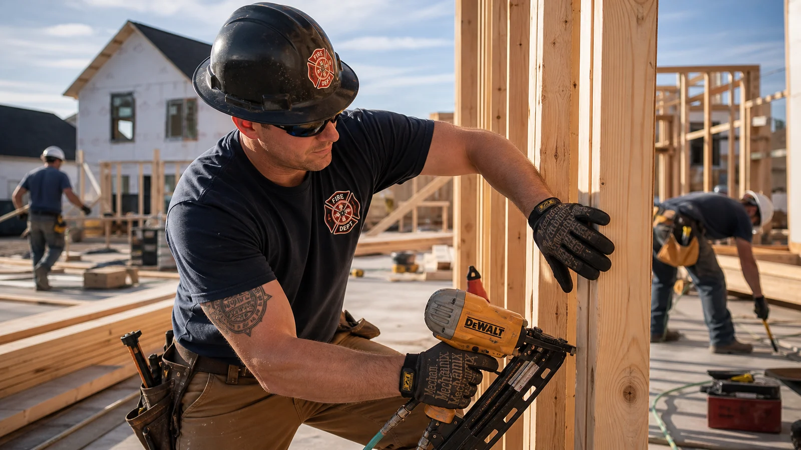 Photorealistic photo of an off-duty firefighter in their 30s working a second job in residential construction &mdash; wearing a hard hat and work gloves, framing a wall section on a house construction site, fit and capable body language, sunny daytime construction site with lumber and tools visible, other workers in background &mdash; realistic editorial documentary style showing the common fire service tradition of working a skilled trade on off days