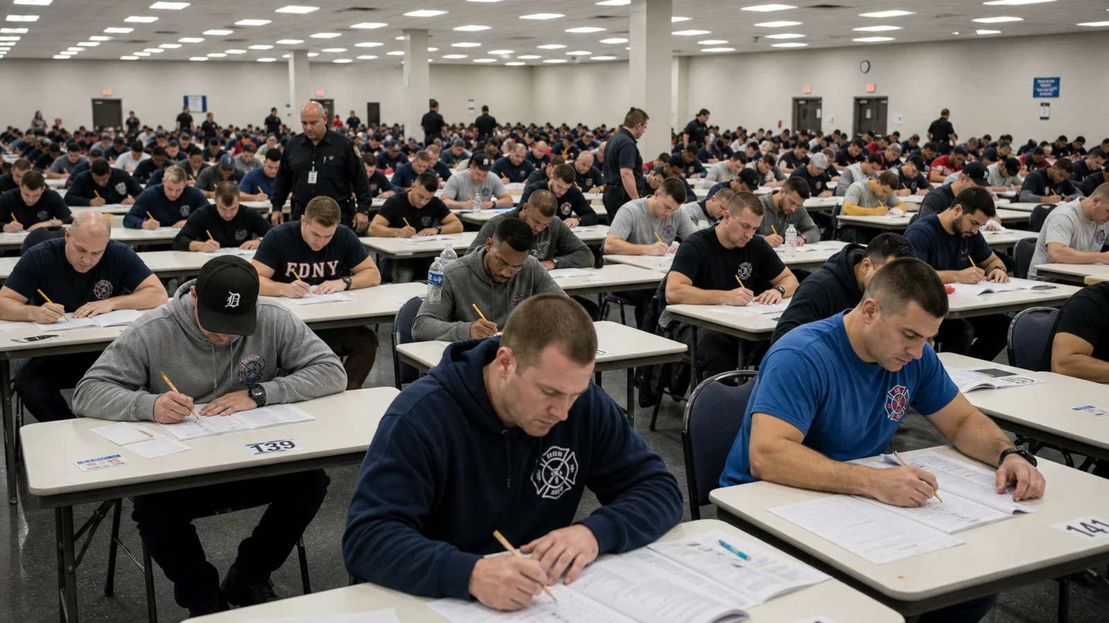 Photorealistic photo of a large municipal testing center filled with rows of firefighter job candidates seated at individual desks taking a written civil service examination &mdash; candidates of diverse backgrounds and ages focused on answer sheets and test booklets, proctors walking the aisles, fluorescent-lit examination hall, realistic documentary photography style, wide-angle view showing the scale of the competitive testing process
