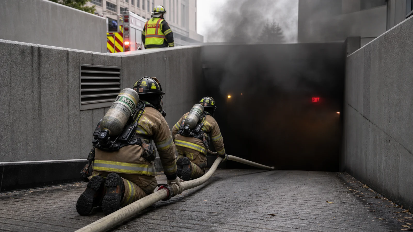 Photorealistic photo of two firefighters in full structural turnout gear and SCBAs advancing a charged 2.5-inch hoseline down a ramp into a smoke-filled underground parking garage &mdash; the ramp descending into near-zero visibility thick black smoke, emergency lights of the structure barely visible through the smoke, the firefighters moving in a low crouch, a safety officer visible at the top of the ramp maintaining RIT position, realistic documentary fire service photography, dramatic lighting contrast between the bright ramp entrance and the dark smoke below
