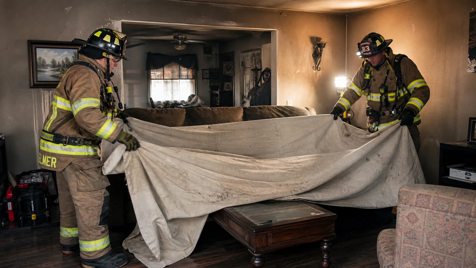 Photorealistic photo of two firefighters in structural turnout gear deploying a large canvas salvage cover over a living room sofa and coffee table inside a smoke-damaged residential home &mdash; one firefighter on each side of the furniture shaking the large folded cover open to spread it over the items, the room showing smoke discoloration on the walls and ceiling, realistic documentary fire service photography style, interior residential lighting with portable scene light
