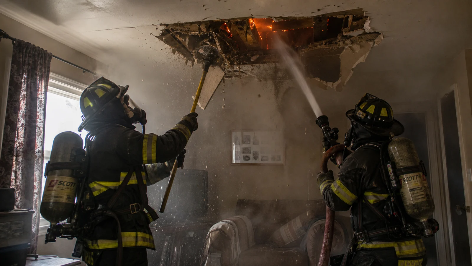 Photorealistic photo of a firefighter inside a smoke-filled residential living room using a pike pole to open a ceiling and access an attic fire &mdash; ceiling drywall collapsing downward with smoke and embers visible above the opening, another firefighter positioned with a charged hoseline ready to apply water upward into the attic space, both in full structural turnout gear and SCBAs, realistic documentary fire service photography style, dramatic smoky interior with orange glow from above
