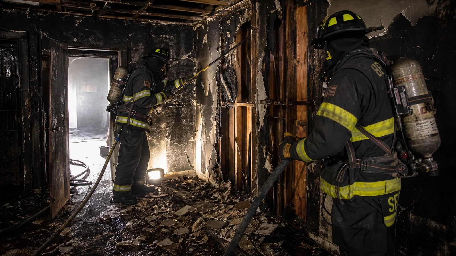 Photorealistic photo of two firefighters conducting overhaul in a fire-damaged room &mdash; one firefighter using a pike pole to pull apart charred wall framing and drywall, exposing the wall cavity, the other holding a charged hoseline ready to apply water to any hidden smoldering found &mdash; burned debris on the floor, ceiling partially opened, realistic documentary fire service interior photography, portable scene lighting