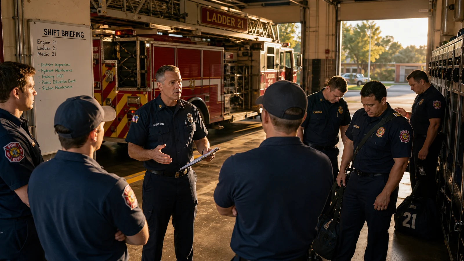 Photorealistic photo of a fire station shift change &mdash; the incoming platoon in fresh uniforms receiving a morning briefing from the outgoing shift captain in the apparatus bay &mdash; fire engines and aerial ladders visible in the background bays, the outgoing crew with bags packed ready to go home, the incoming crew alert and ready for their 24-hour shift, realistic editorial documentary fire service photography style, warm morning light through the station bay doors