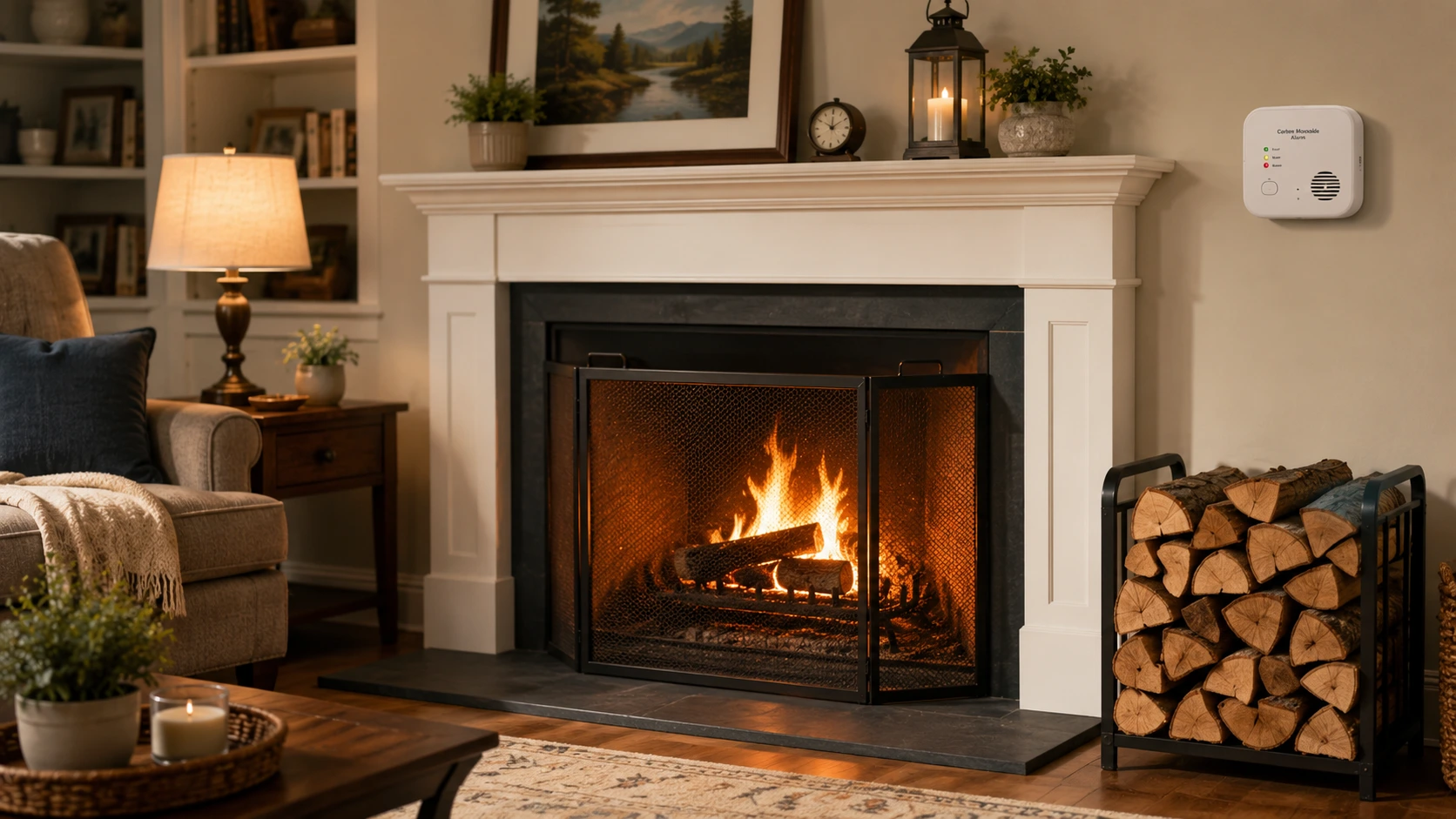 Cozy living room fireplace correctly set up with wire mesh spark screen, clear non-combustible hearth, stack of seasoned firewood to the side, CO detector visible on nearby wall