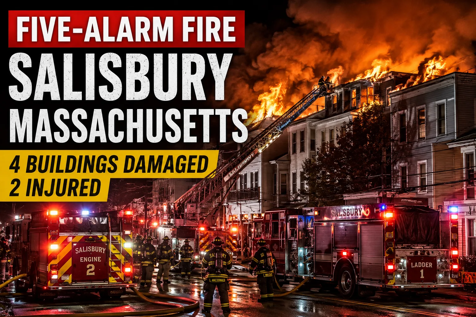 Five-Alarm Fire Spreads to Four Buildings in Salisbury, Massachusetts