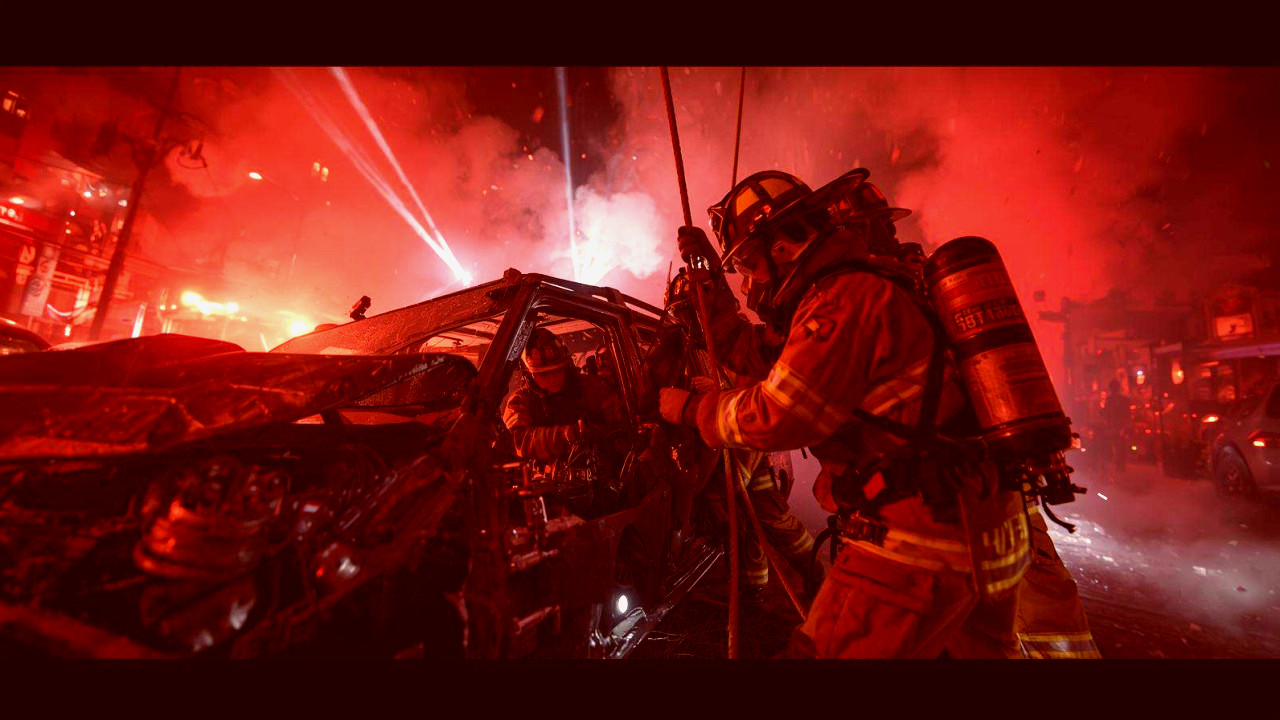 Firefighters and paramedics rescue a victim from a burning house in a Florida neighborhood.