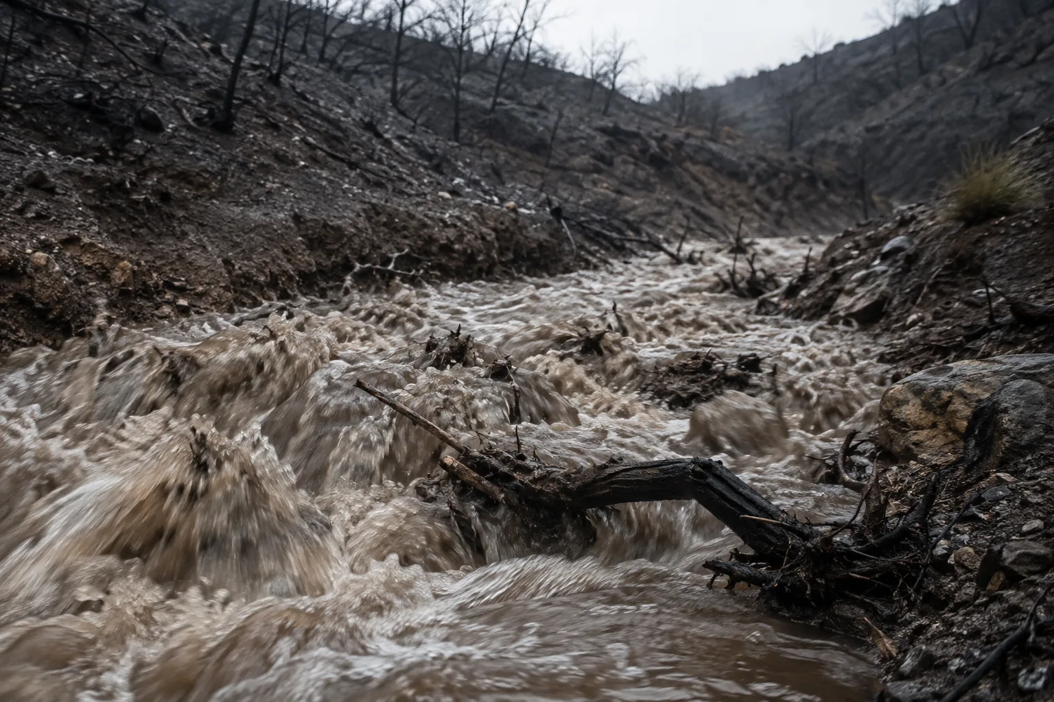 Dark storm clouds over a blackened, denuded wildfire burn scar hillside with a dry drainage channel in the foreground