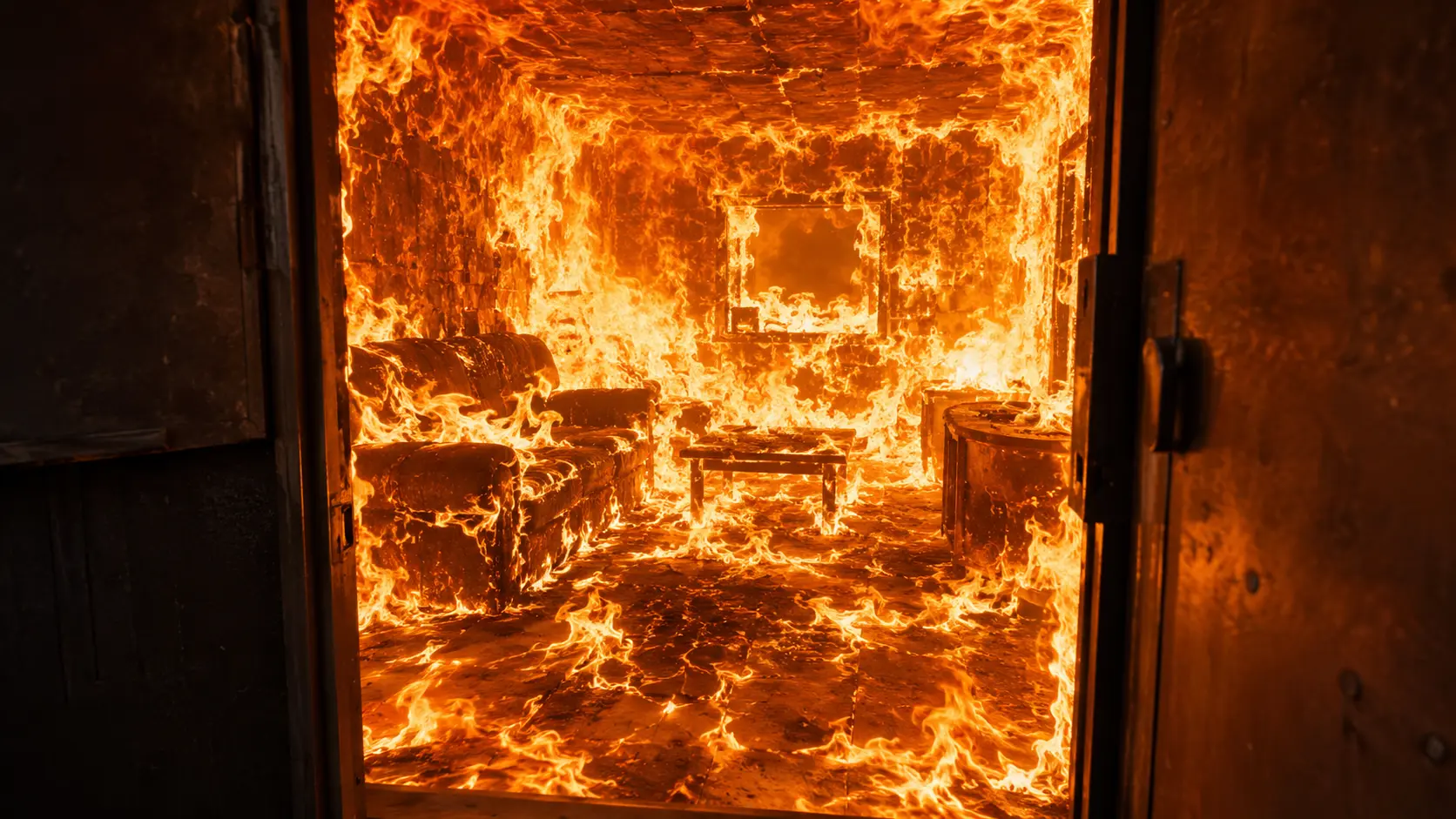 Photorealistic photo inside a fire training burn building showing the moments before flashover &mdash; the upper third of the room filled with a dense orange-red thermal layer rolling across the ceiling, the bottom third of the room still relatively clear with a firefighter in full turnout gear and SCBA visible low on the floor watching the conditions, fire burning on a sofa in the corner, the thermal layer clearly about to descend to floor level