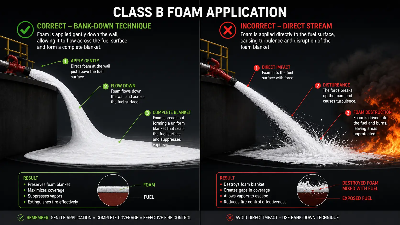 Diagram showing correct Class B foam bank-down application technique versus incorrect direct application, with foam blanket coverage comparison