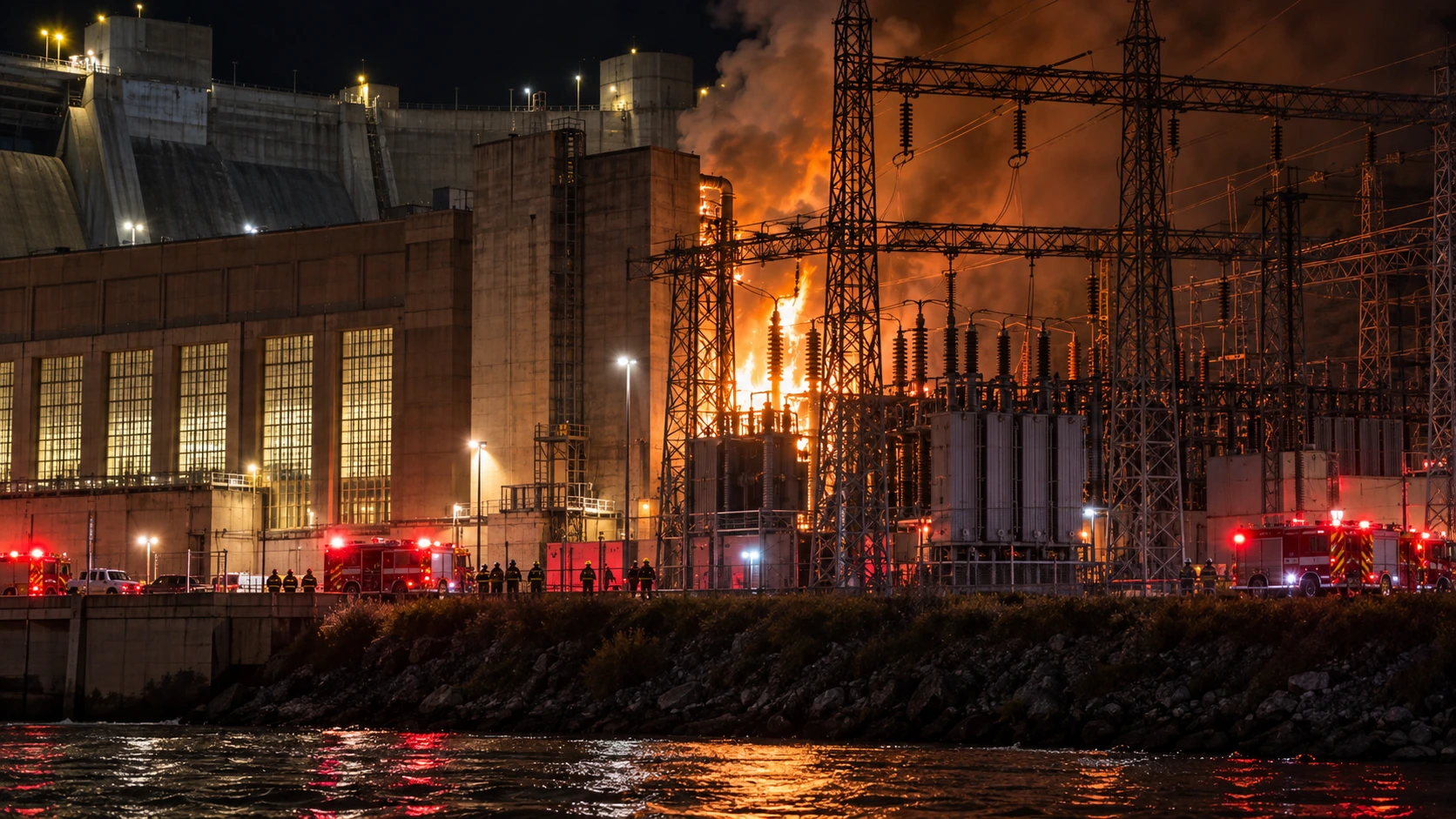 Editorial illustration of an electrical fire near the Fort Peck Dam powerhouse and switchyard in Montana