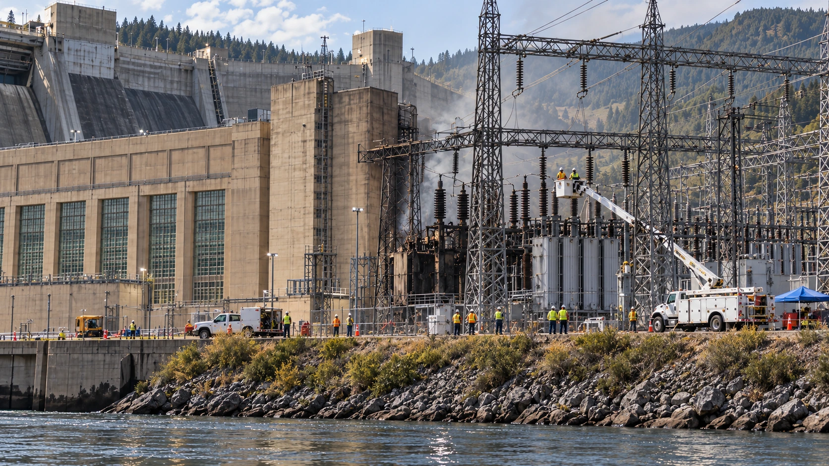 Editorial illustration of the Fort Peck Dam hydroelectric powerhouse, transmission lines and utility recovery work after an electrical fire