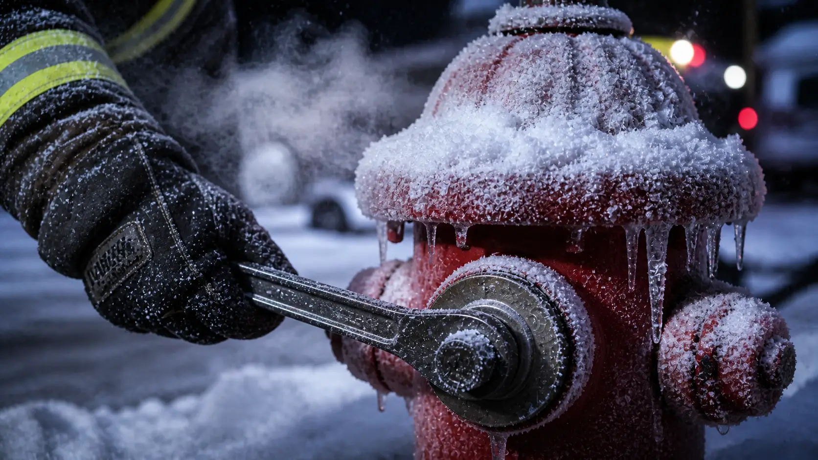 Firefighter in full turnout gear using wrench to open frozen fire hydrant in heavy snow with ice covering outlet caps