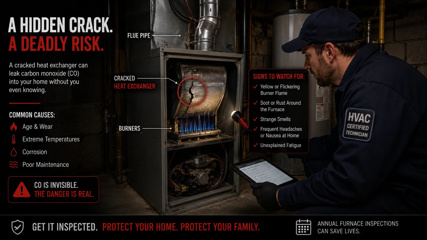 Gas furnace with cracked heat exchanger and blocked flue vent &mdash; primary sources of carbon monoxide in residential homes during heating season