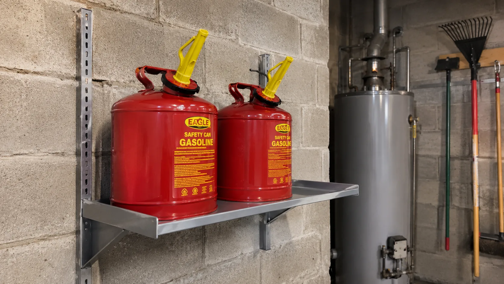 Garage wall shelf showing two red ANSI-approved gasoline storage cans with flame-arresting spouts, properly labeled, positioned away from the water heater and electrical panel visible in the background &mdash; correct residential gasoline storage setup