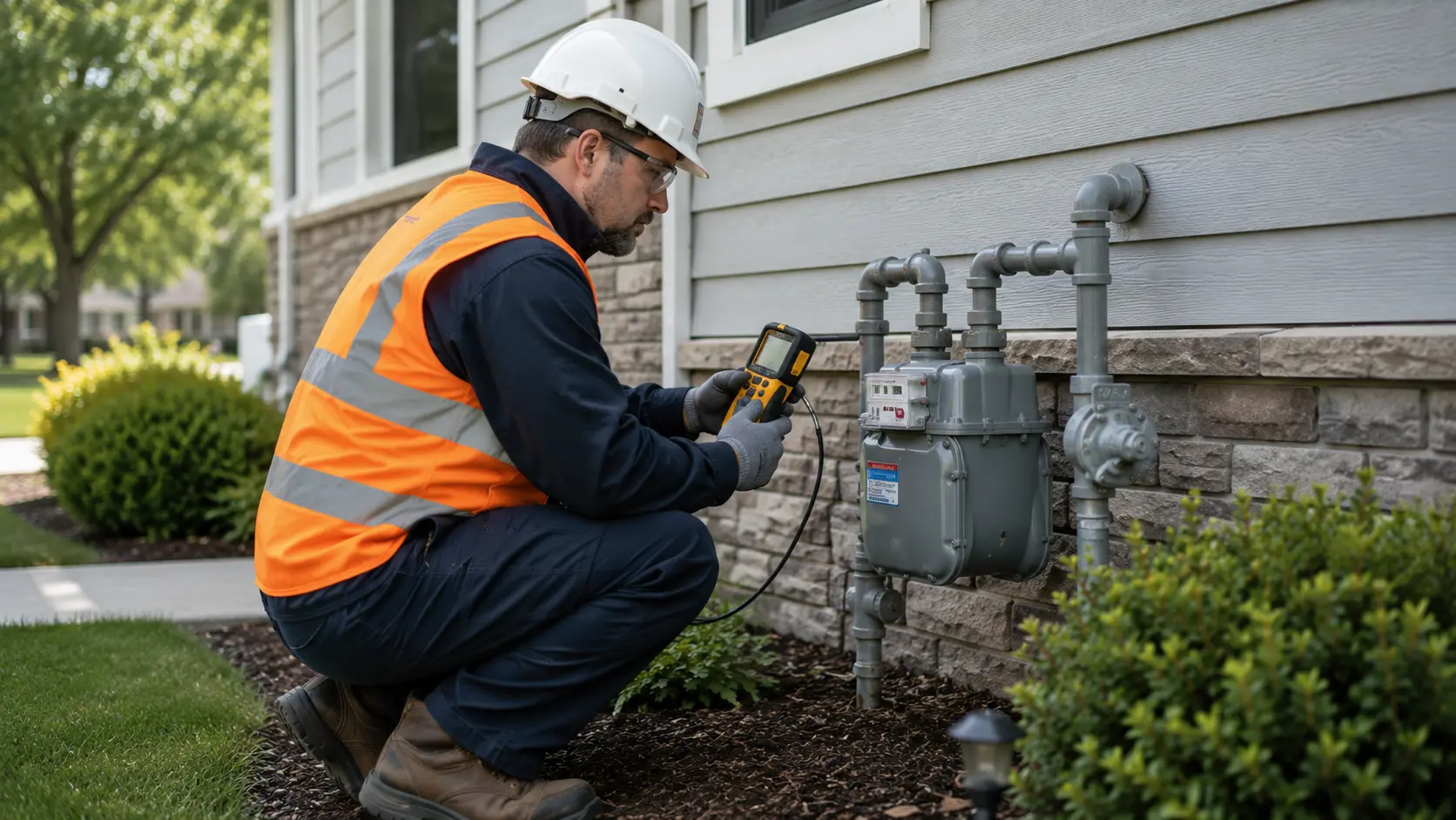 Gas utility technician in safety vest using electronic gas detector device to check for gas leak at residential gas meter outside home