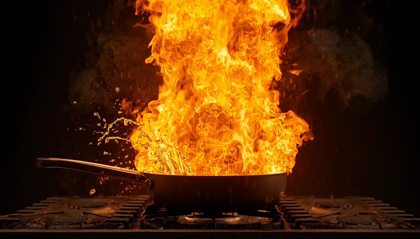 Dramatic grease fire explosion on kitchen stove caused by adding water &mdash; flames erupting to ceiling height from burning pan