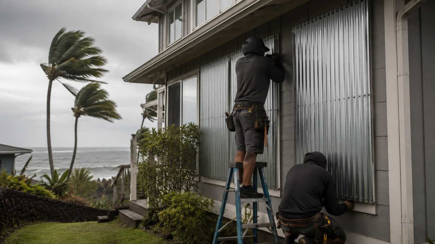 A coastal home in Hawaii with storm shutters being installed over windows, palm trees bending in the wind, overcast sky in the background