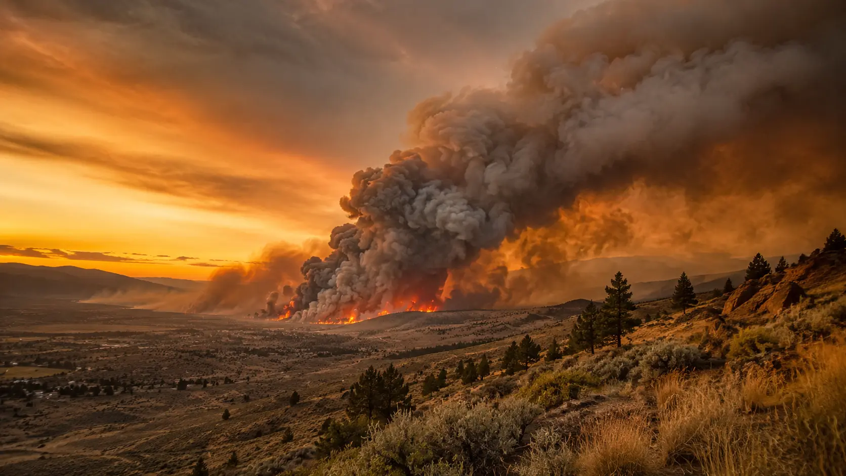 Wind-driven wildfire smoke column rising over dry hillside terrain outside Reno, Nevada at dusk, illustrating the rapid wind-and-drought-fueled growth of the Hawk Fire