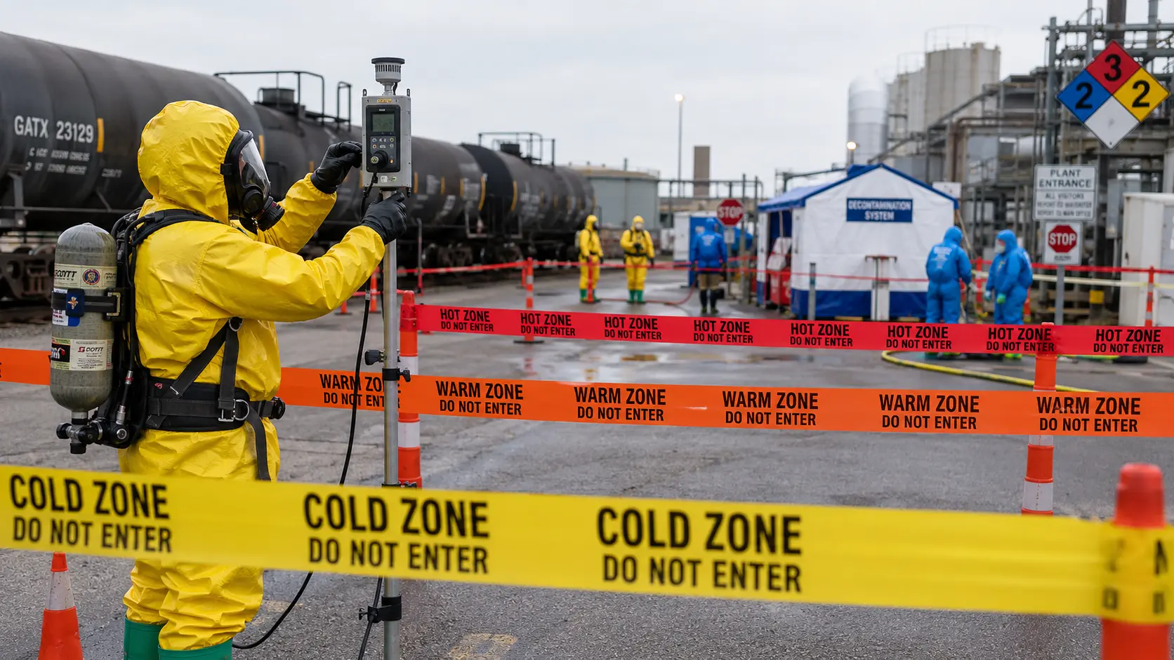 Hazmat responder setting up a perimeter and monitoring equipment near a contamination zone boundary.