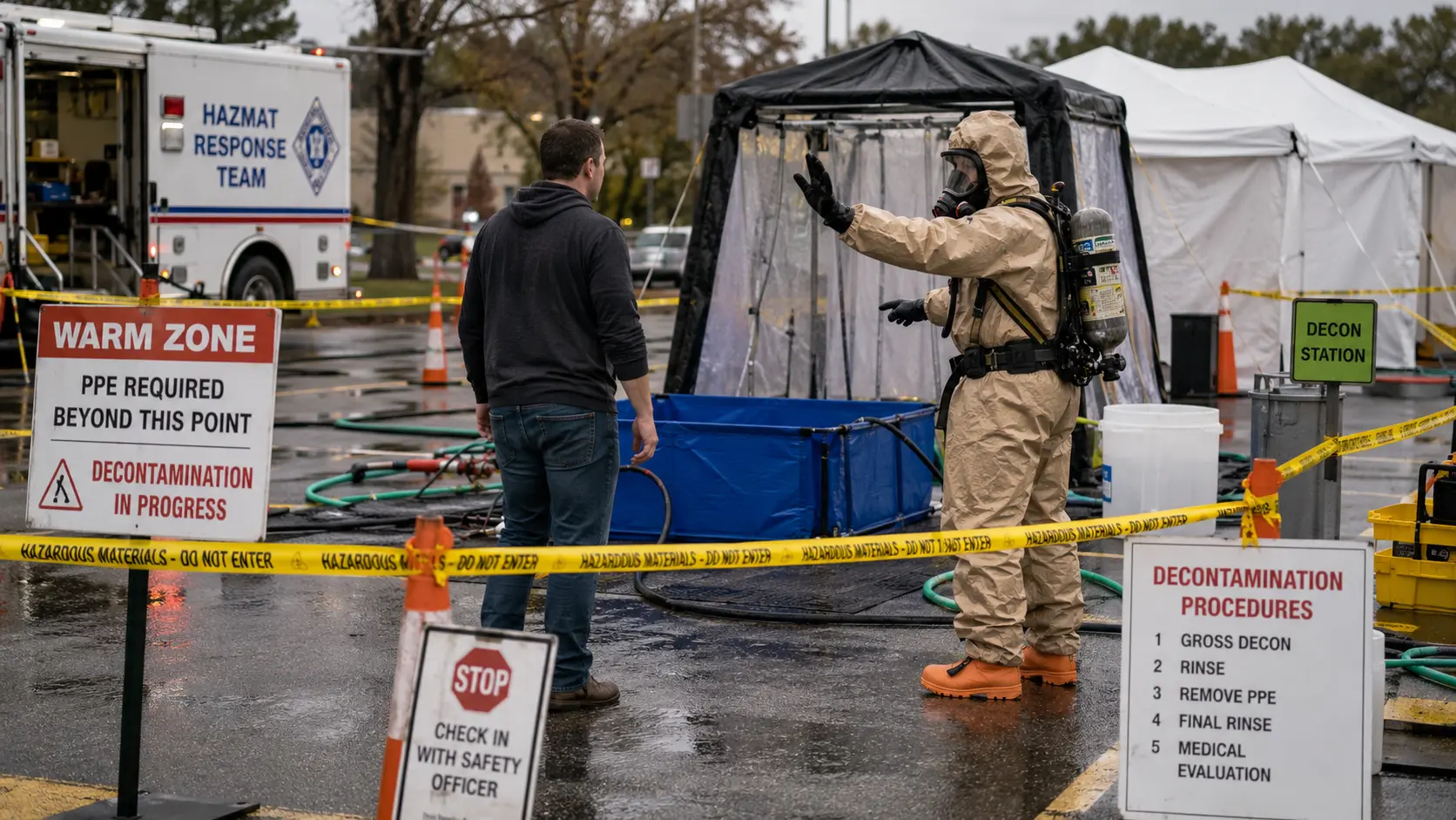 Unprotected person crossing into a restricted hazmat response area near a zone boundary.