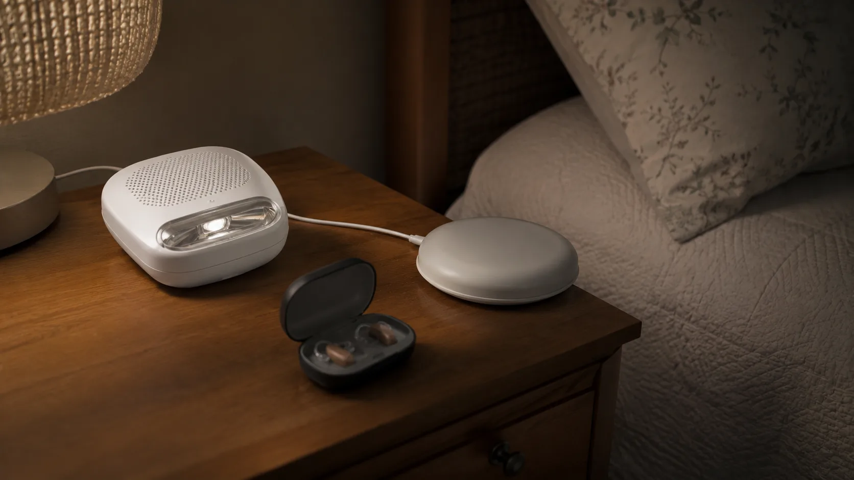 Bedroom nightstand showing a low-frequency combination smoke alarm with strobe light flash and a bed-shaker disc connected by cable, designed for hard-of-hearing seniors &mdash; specialized fire alert system for people with hearing loss who may not wake to a standard smoke detector tone
