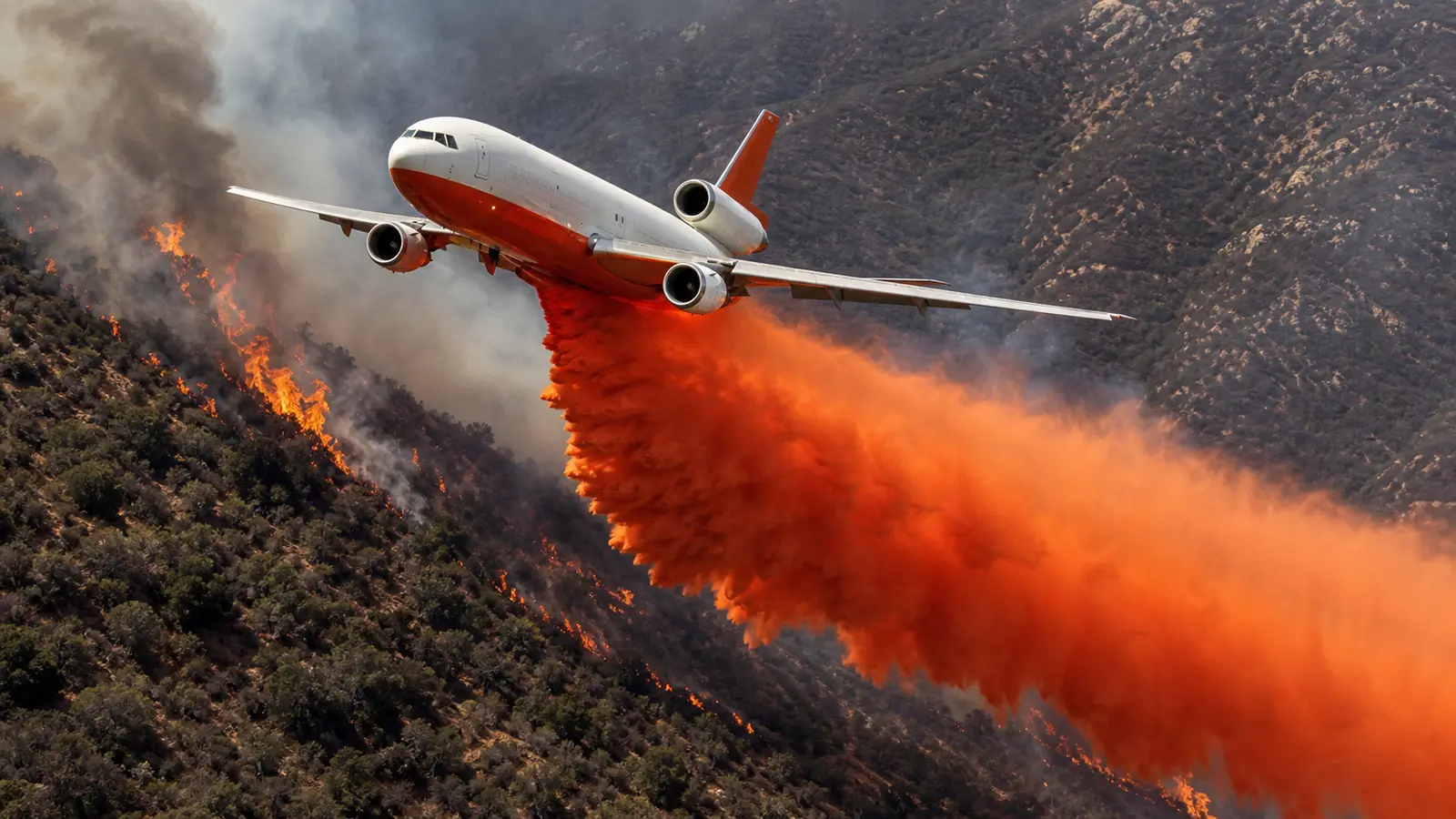 Large DC-10 heavy air tanker aircraft making a low-altitude retardant drop across a burning ridge in California, wide orange-red retardant line visible against dry brown chaparral, dramatic aerial perspective, photorealistic