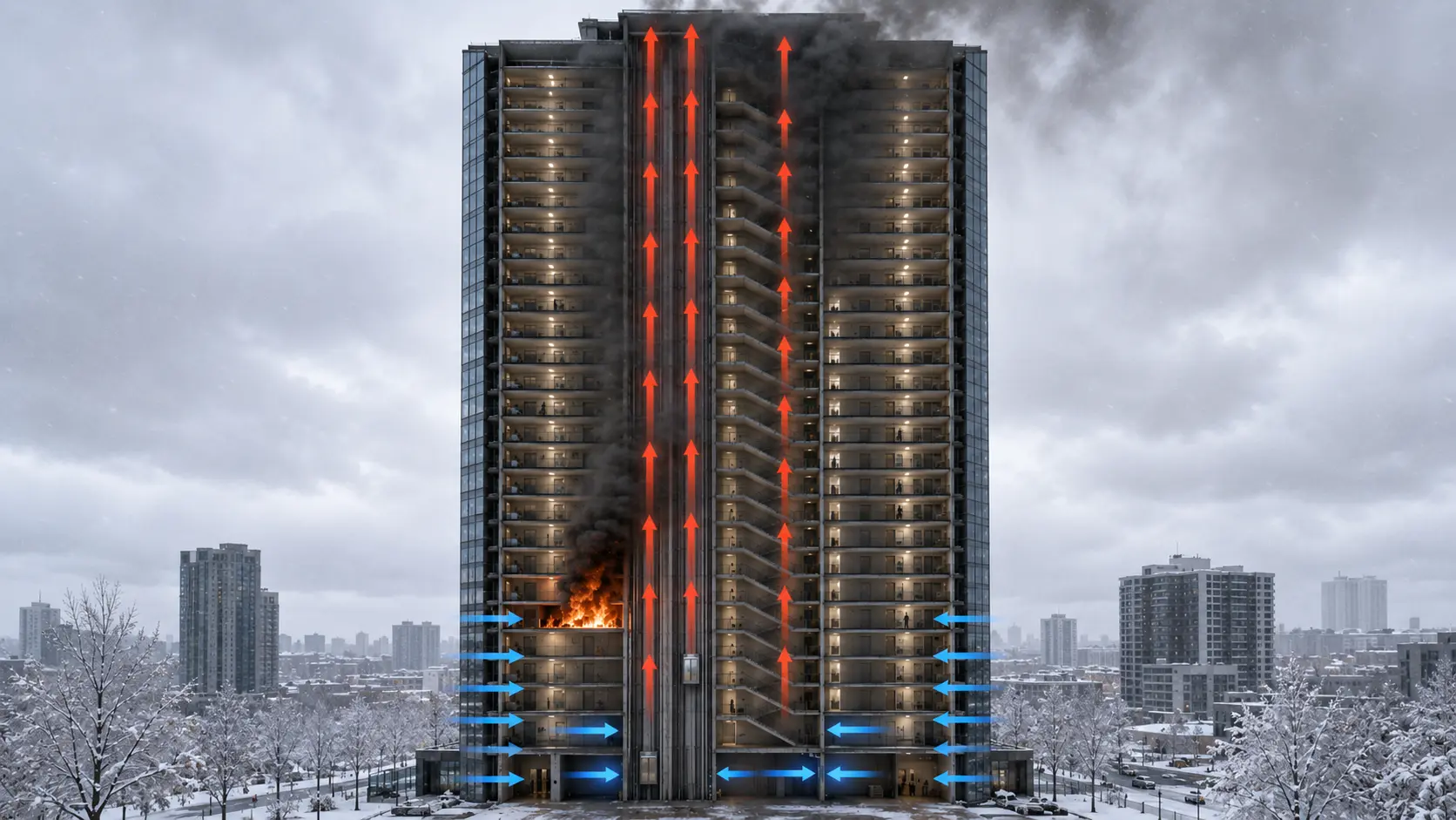Photorealistic cross-section illustration of a tall high-rise building in winter showing stack effect smoke movement &mdash; arrows showing cold outside air entering at lower floors through gaps and openings, rising up through elevator shafts and stairwells, and exiting at upper floors, with smoke from a lower floor fire being pulled upward through vertical shafts to upper floors well above the fire origin &mdash; clearly showing the stack effect mechanism that spreads smoke in winter conditions