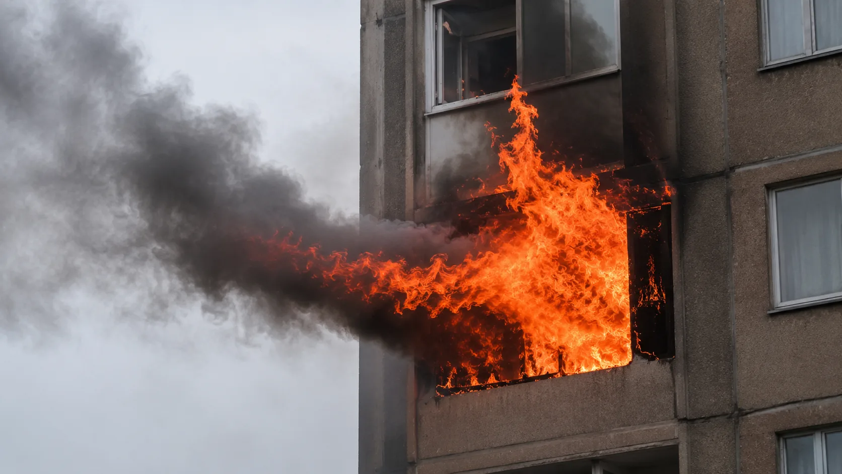 Exterior view of a high-rise building with intense orange flames and black smoke driven horizontally from a mid-floor window by strong wind, flame sheet extending 15 to 20 feet from the building face parallel to the structure &mdash; showing the characteristic horizontal flame projection of a wind-driven fire in a high-rise residential building