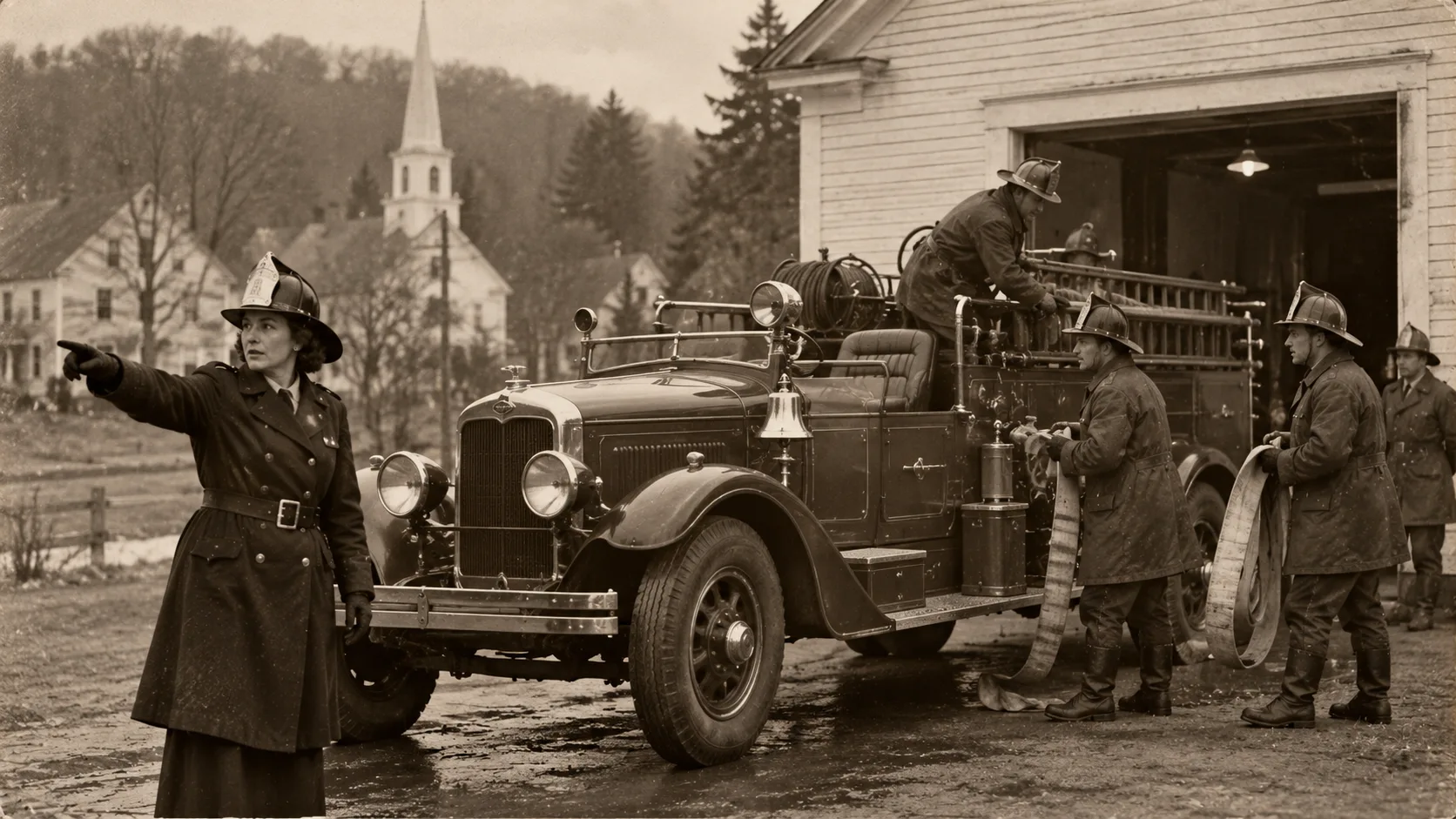 A vintage black-and-white style photo of a 1930s-era volunteer fire engine with a female fire chief directing a crew