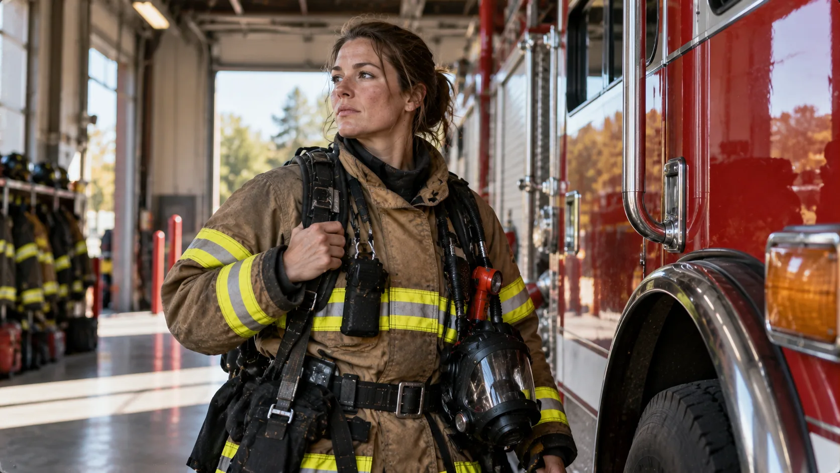 A modern female firefighter in full turnout gear and helmet standing beside a fire engine, preparing for a call