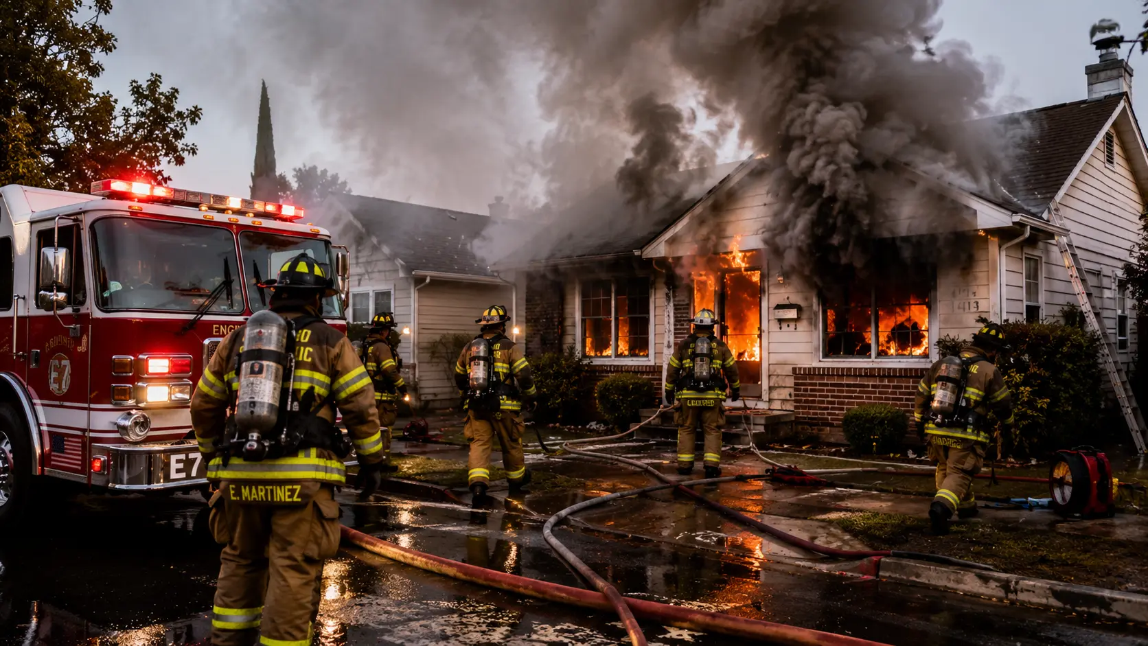 Firefighters responding to kitchen house fire at residential home with smoke pouring from windows &mdash; cooking left unattended the most common cause of home fires in the US