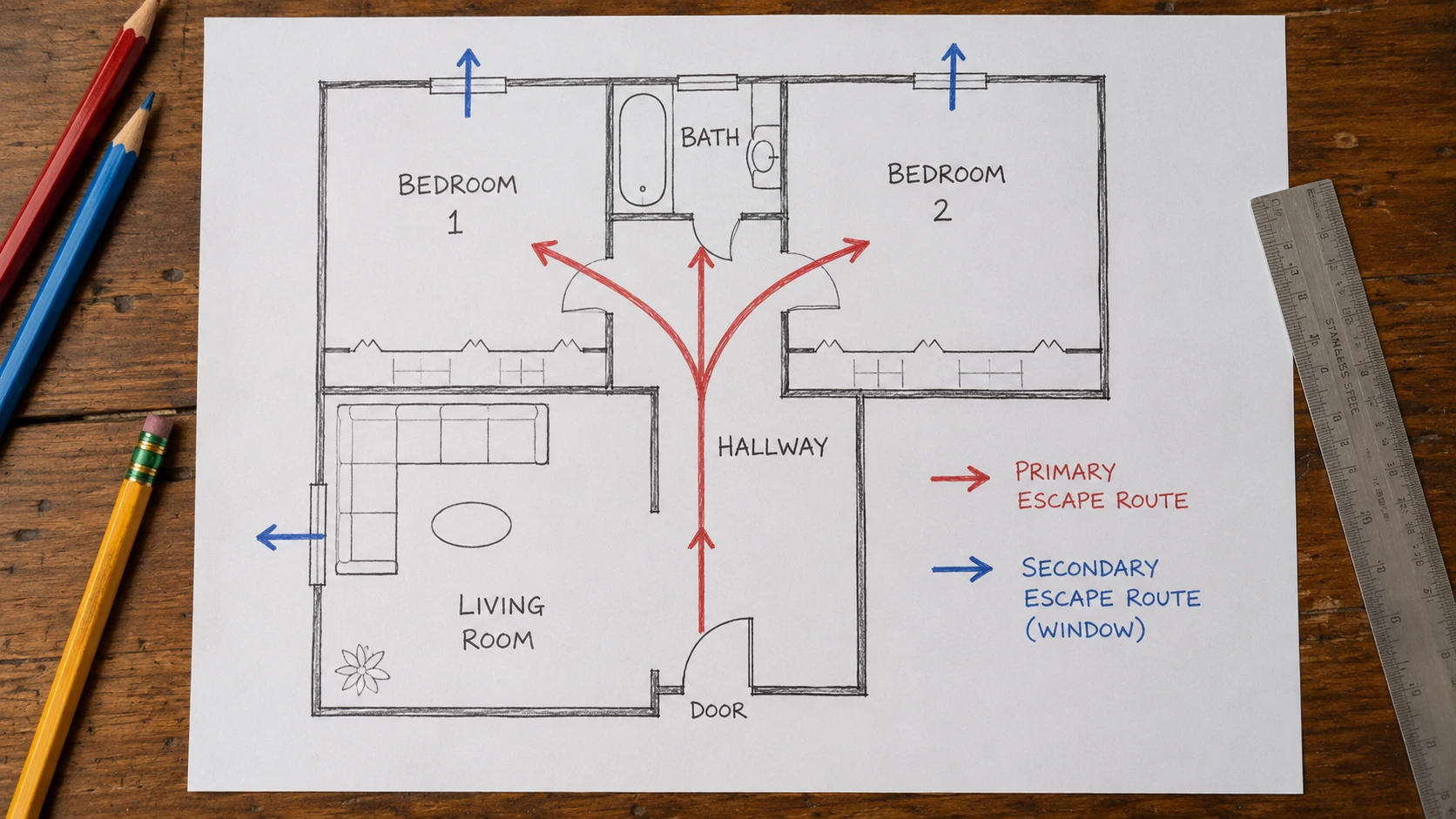 Family drawing a home fire escape plan on paper showing floor plan with primary and secondary exit routes marked from each bedroom in red and blue arrows