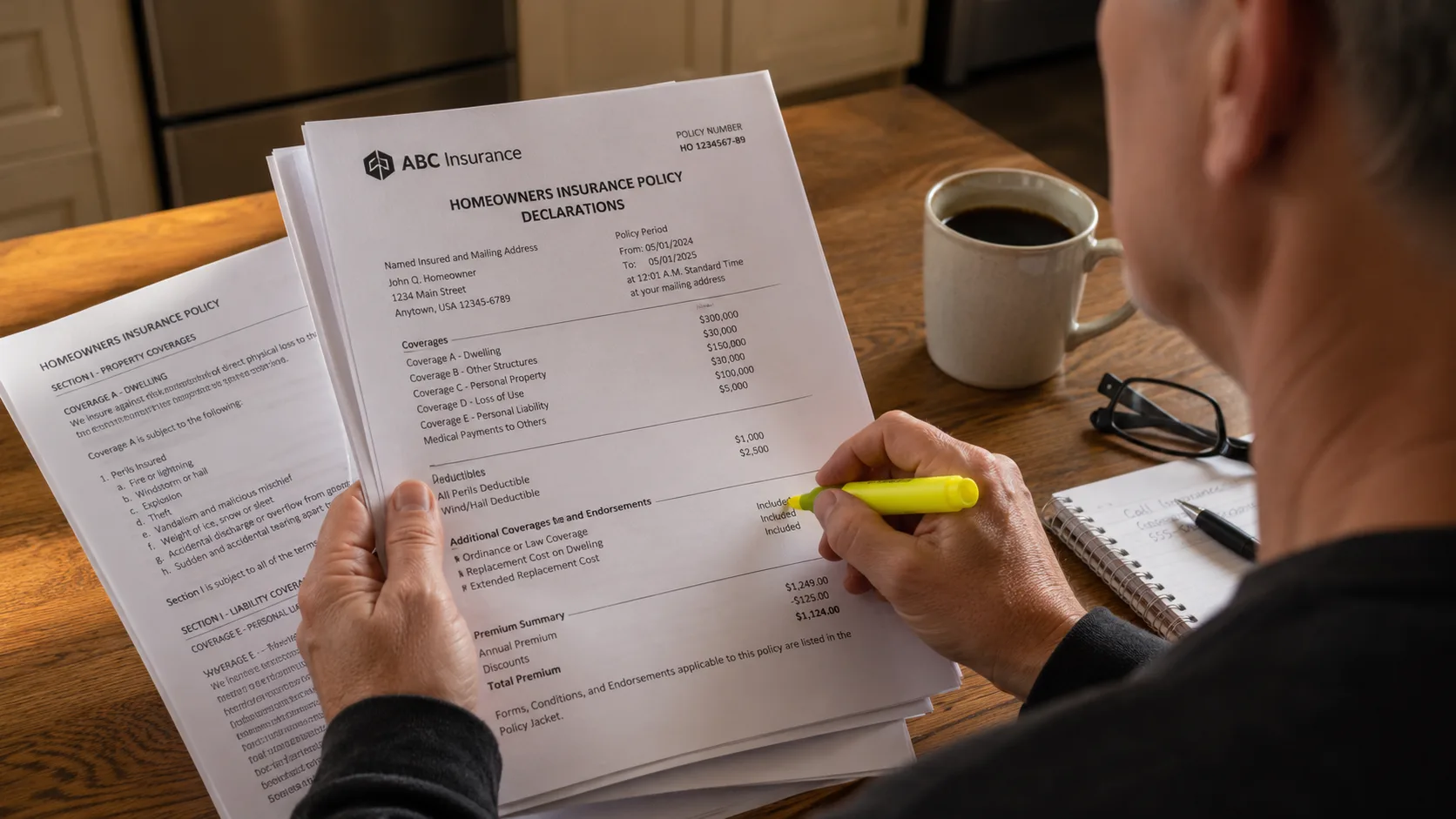 Person sitting at a kitchen table reviewing homeowners insurance policy documents with a highlighter, declarations page visible with coverage amounts, replacement cost value endorsement highlighted &mdash; representing the policy review process homeowners should conduct before a fire, not after