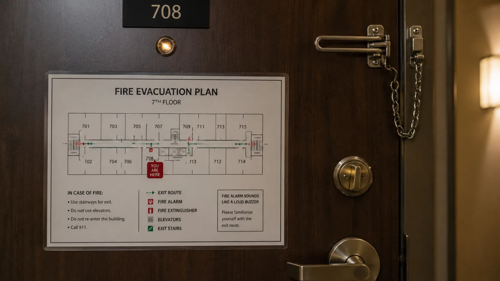 Close-up of a hotel room door interior showing the fire evacuation map posted at eye level, room number visible, deadbolt lock and door handle &mdash; the exit route card every hotel guest should read upon check-in