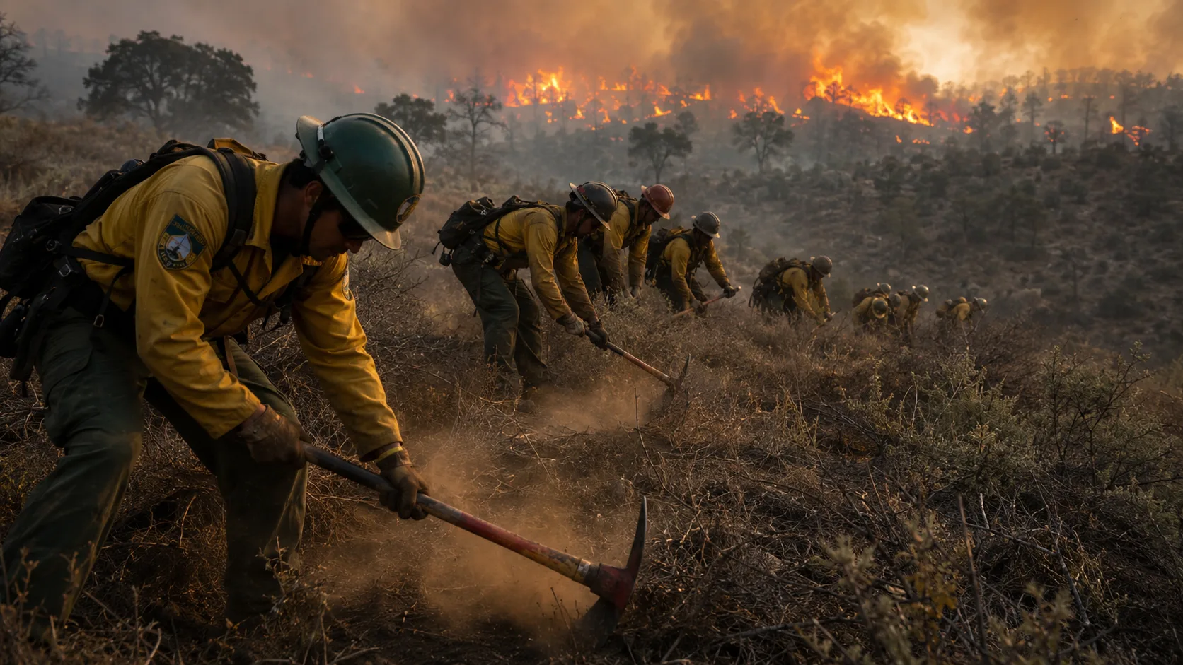 A crew of wildland firefighters using Pulaskis and hand tools to cut a containment line through brush, with visible flame and smoke at a safe distance in the background