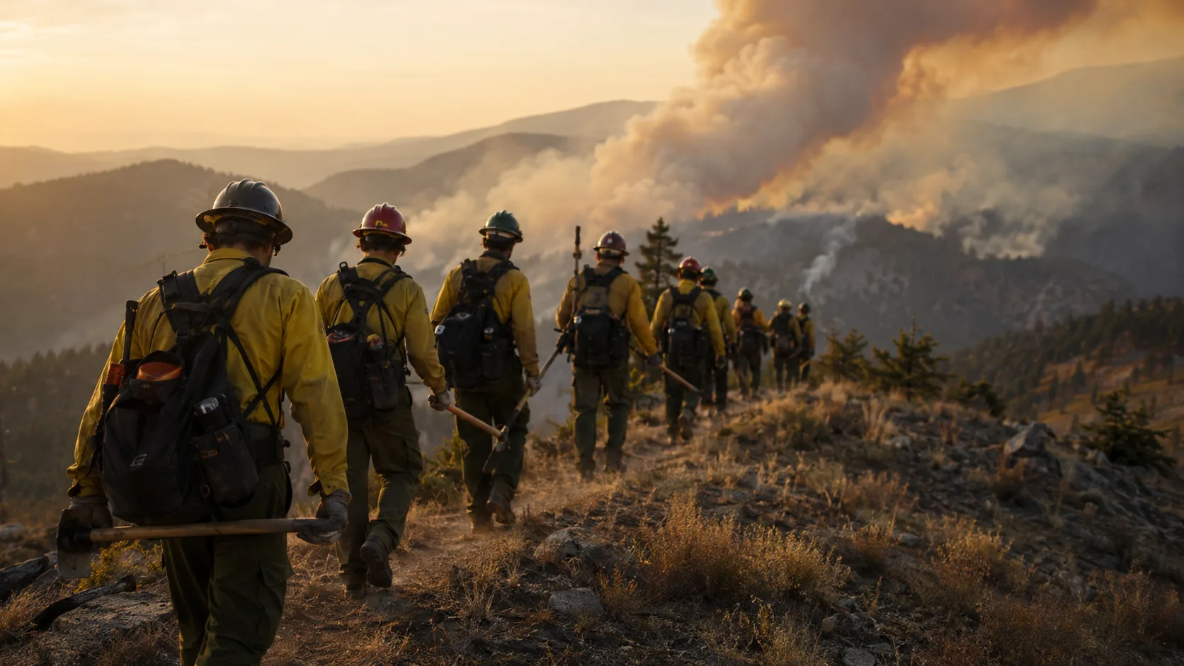 A line of wildland firefighters in yellow Nomex shirts and green pants hiking single-file along a ridgeline carrying hand tools, smoke rising from a wildfire in the distance