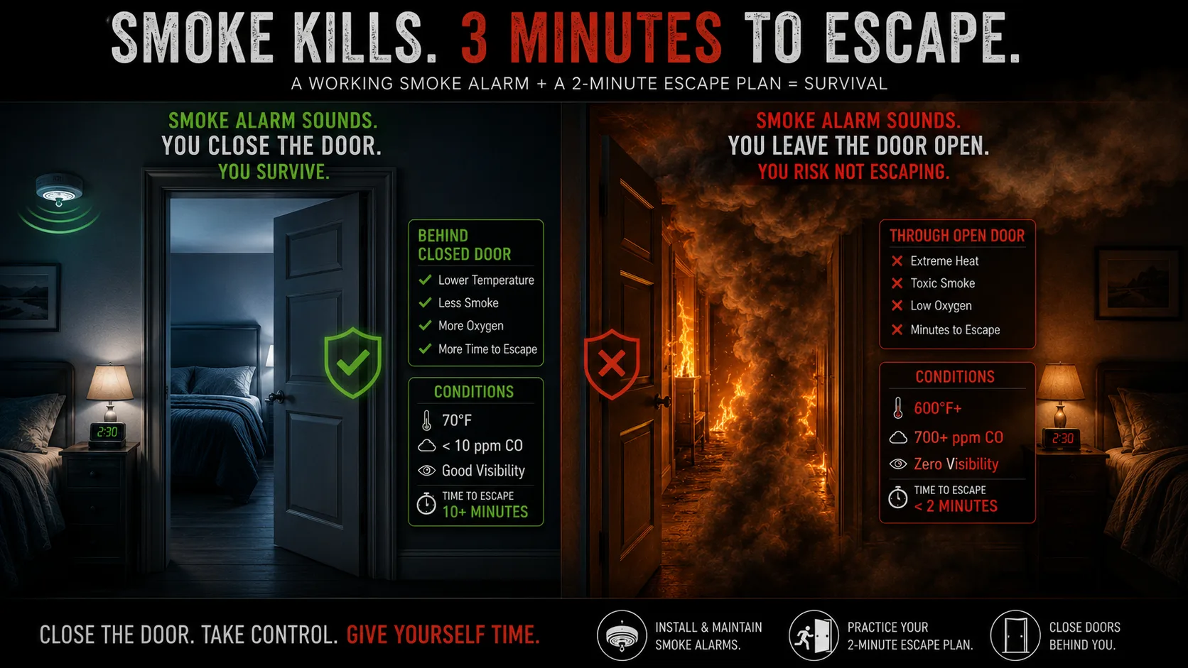 Smoke filling residential hallway at night with smoke alarm visible and flashing, showing the narrow 2-3 minute escape window in modern home fires