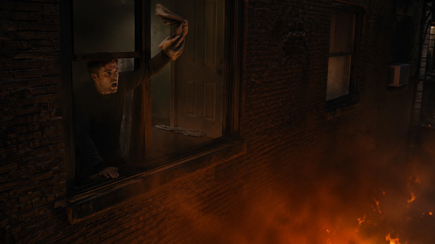 Person in smoke-filled room correctly sheltering in place &mdash; door closed and sealed with towel, signaling from open window while waiting for firefighter rescue