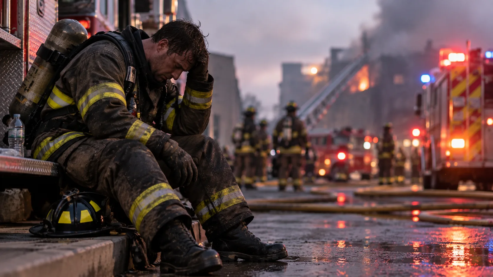 A firefighter in full turnout gear pausing to catch their breath outside a structure fire, visibly exhausted