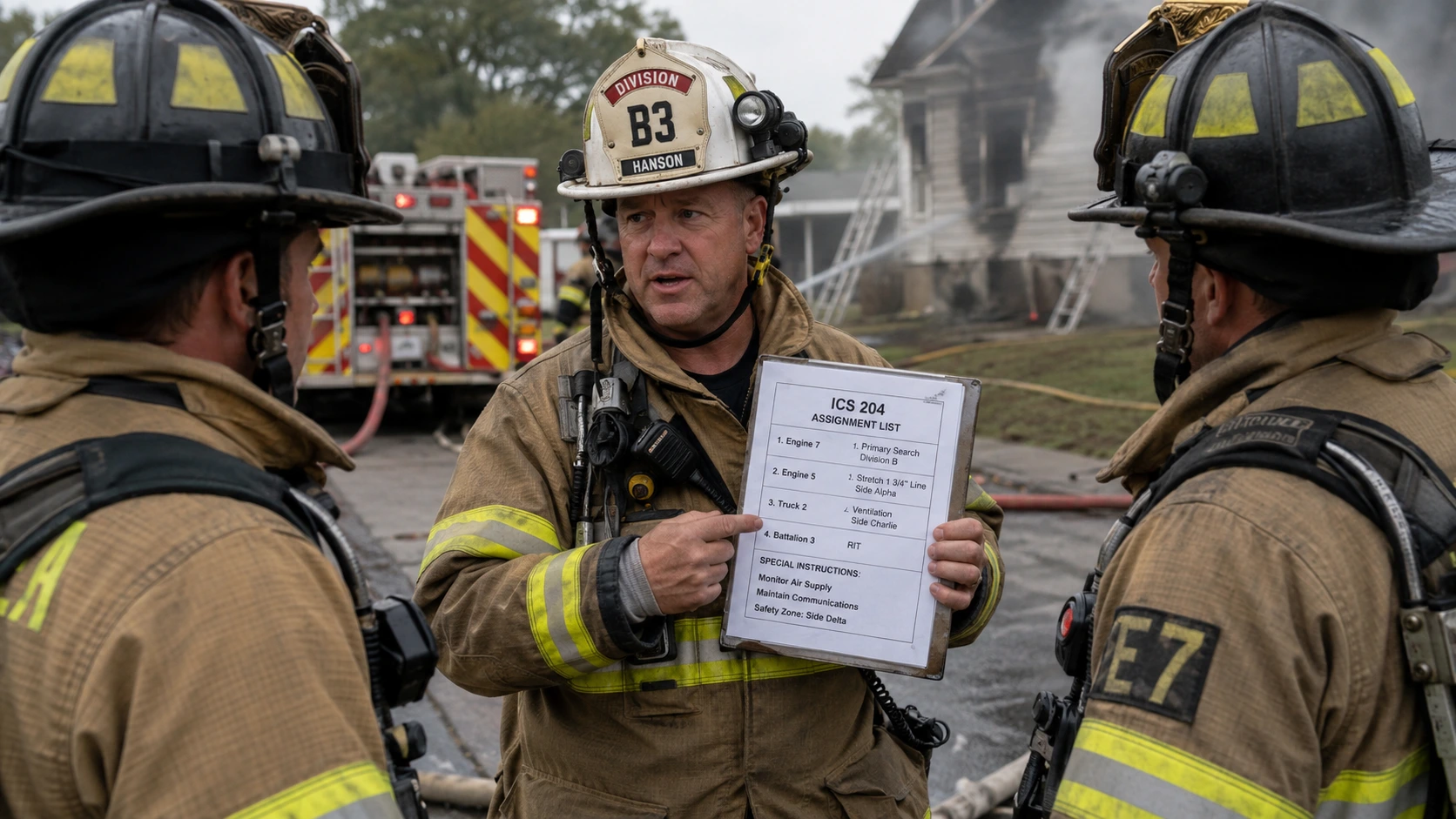A fire division supervisor holding an ICS 204 assignment list and briefing engine company officers at the start of an operational period.
