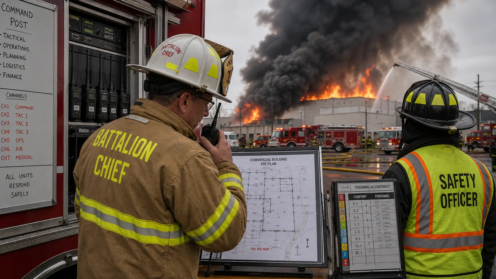 Photorealistic photo of a fire incident commander in a white battalion chief helmet standing at a mobile command post outside a large working fire &mdash; the commander holding a radio in one hand and reviewing a building pre-plan map on a portable map board, multiple radio channels active on a communications rack visible in the command vehicle door, a safety officer beside them with a personnel accountability board, large fire and smoke column visible beyond the perimeter, realistic editorial documentary fire service photography