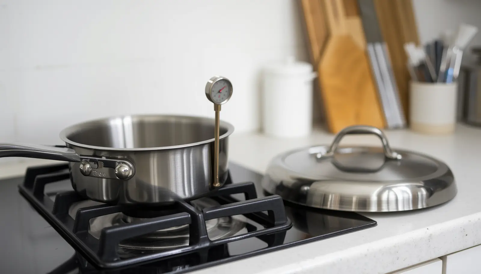 Safe cooking setup on kitchen stove with lid nearby, clean burners, no clutter around pan, demonstrating grease fire prevention habits