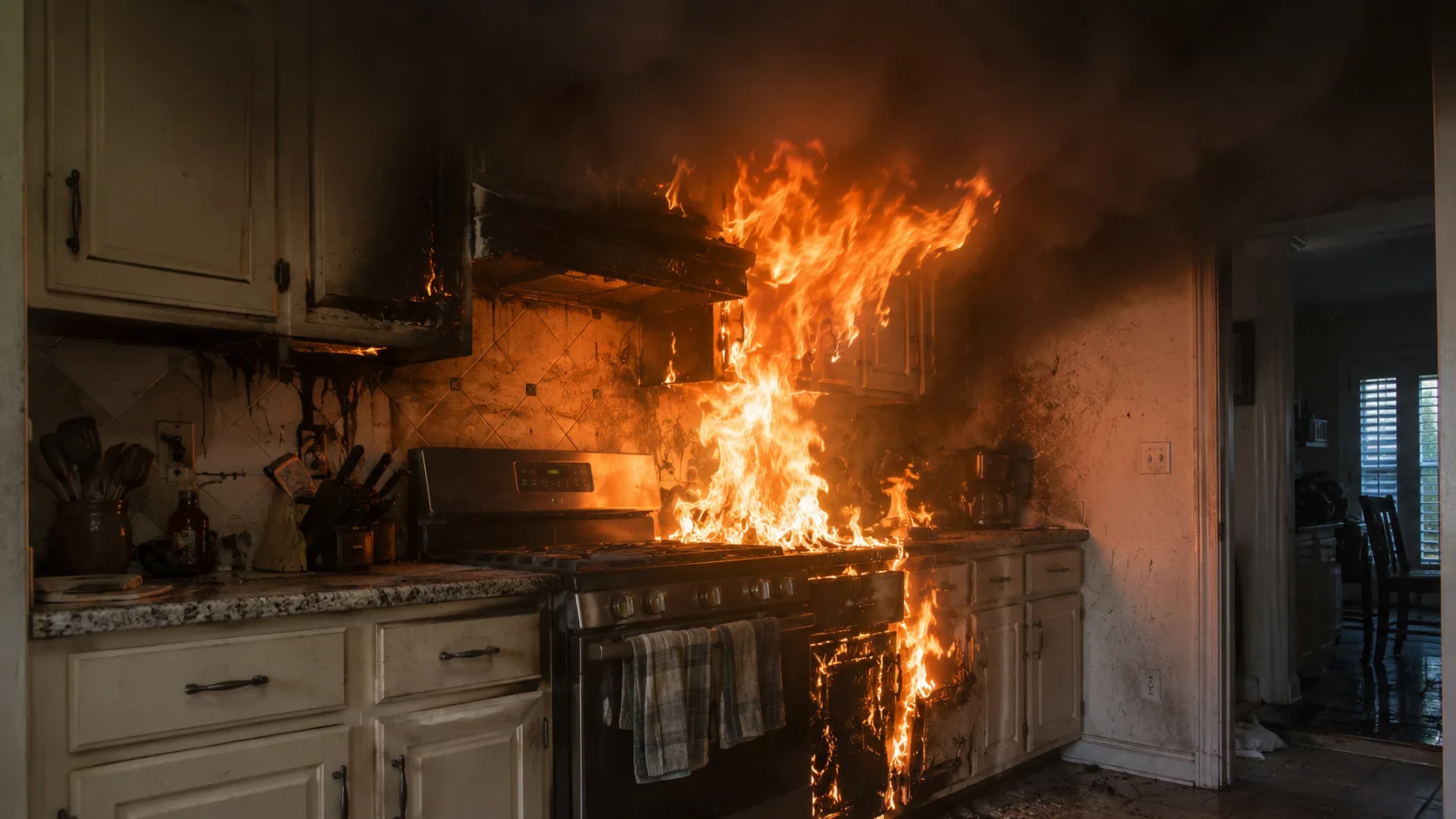 Kitchen fire that has extended from a stovetop pan to the range hood and lower cabinets, flames and black smoke visible at ceiling height &mdash; showing the moment when a fire has grown beyond what a handheld extinguisher can address and when evacuation and calling 911 is the only correct response