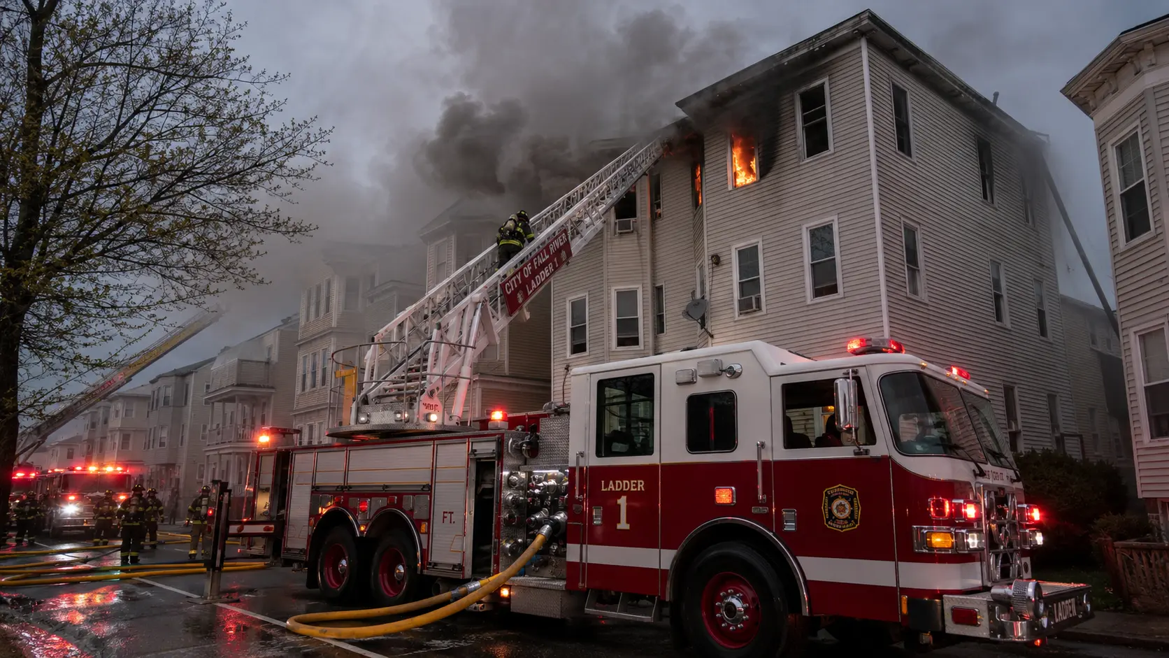 Aerial ladder truck extended to a working residential structure fire