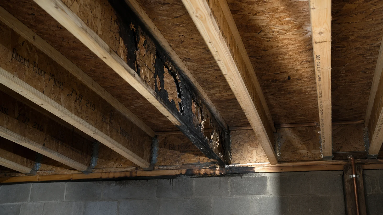 Photorealistic educational photo showing the underside of a residential floor assembly with engineered I-joist floor members &mdash; one I-joist clearly showing significant fire damage and charring at the web, demonstrating how quickly the thin OSB web of an I-joist fails under direct flame impingement compared to solid dimensional lumber &mdash; taken from a basement perspective looking up, realistic construction documentation style, dramatic single light source from below highlighting the damage