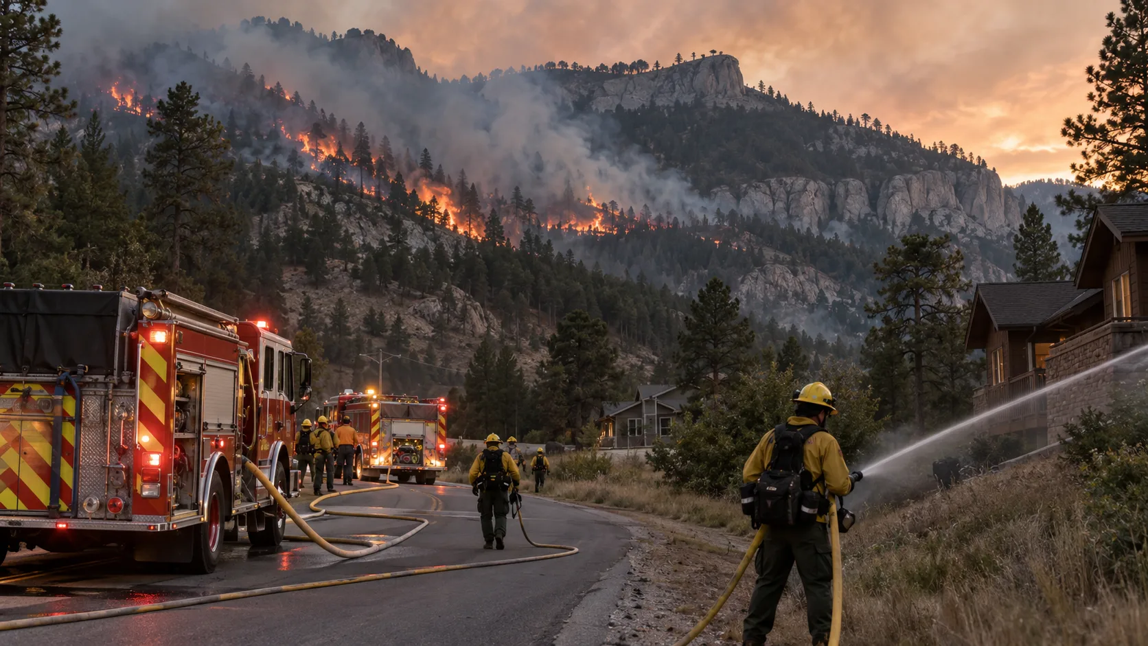 Firefighters responding to a fast-moving wildfire in the forested hills near Spearfish, South Dakota