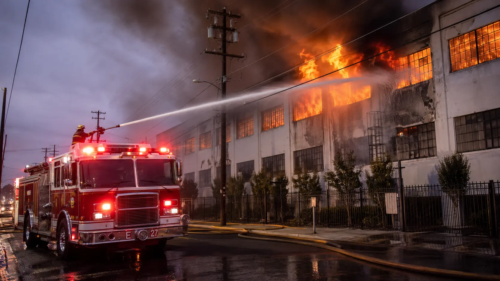 Photorealistic photo of a fire engine deck gun (master stream monitor) operating at a large commercial structure fire &mdash; the mounted monitor nozzle directing a large-volume straight stream into the upper floor windows of a burning warehouse building, the stream clearly coherent over the distance, the engine positioned in the street with the monitor operator adjusting the nozzle direction, large volume water visible impacting the building at elevation, 16:9 ratio
