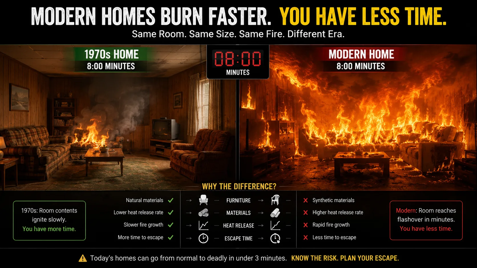 Side-by-side burn test comparison showing 1970s furnished room still burning slowly versus modern synthetic furnished room at flashover at same time point